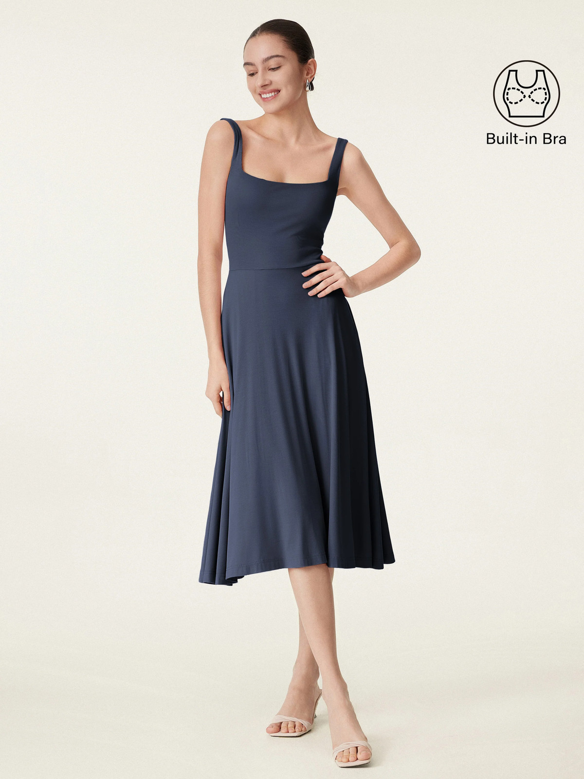Hot Deal OGLMOVE Square Neck Flowy New Airy Bra Midi Dress