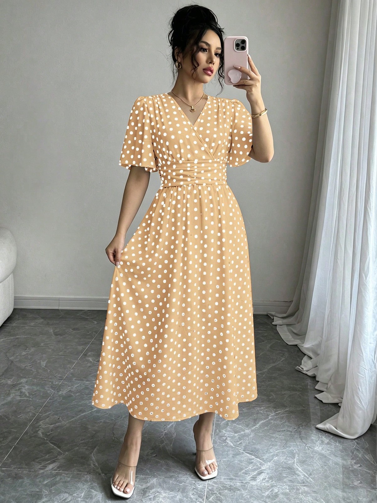 Elegant Polka Dot Pattern V Neck Midi Dress