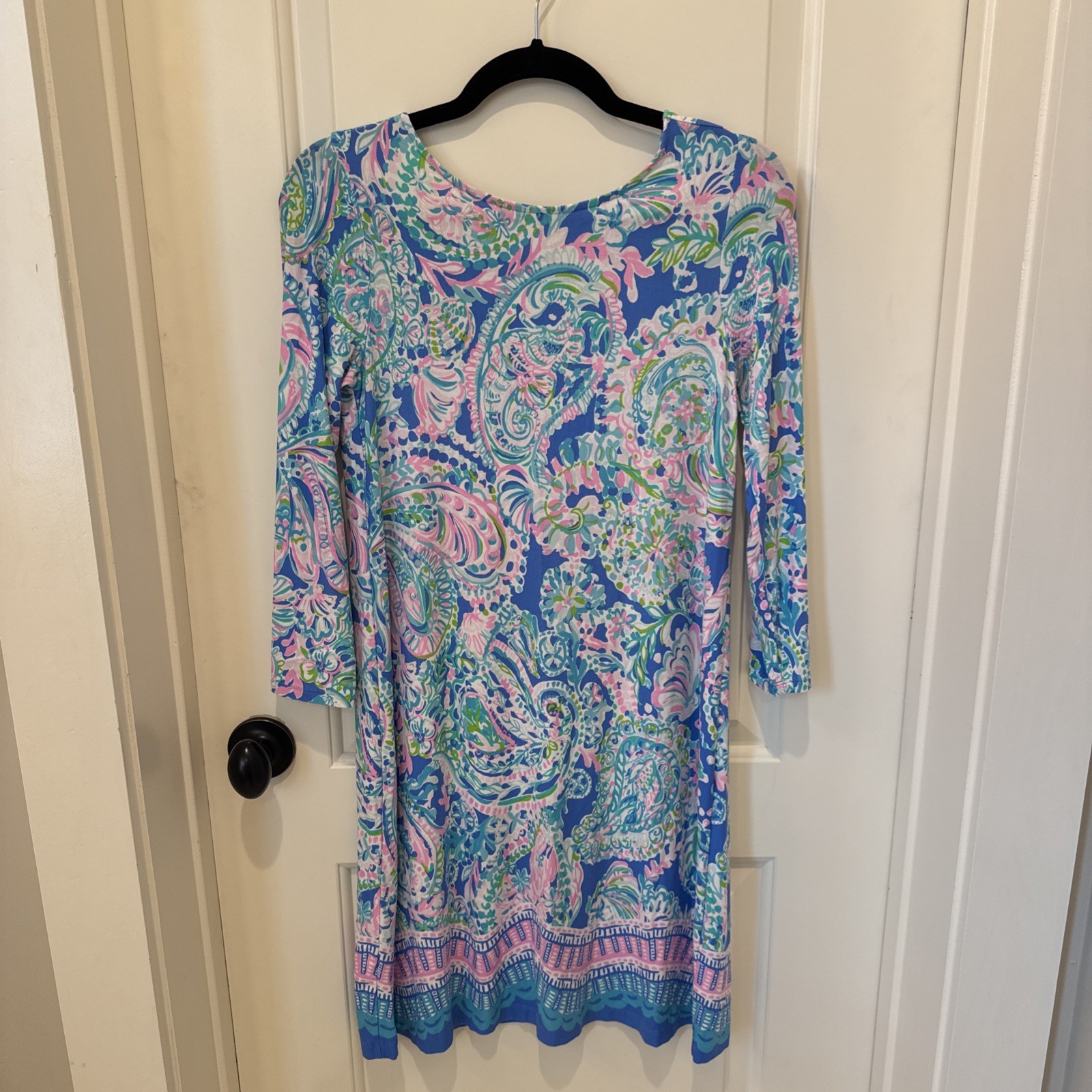 Lilly Pulitzer Ophelia Blue Pink Paisley Tropical Swing Dress 3/4 Sleeve Sz S