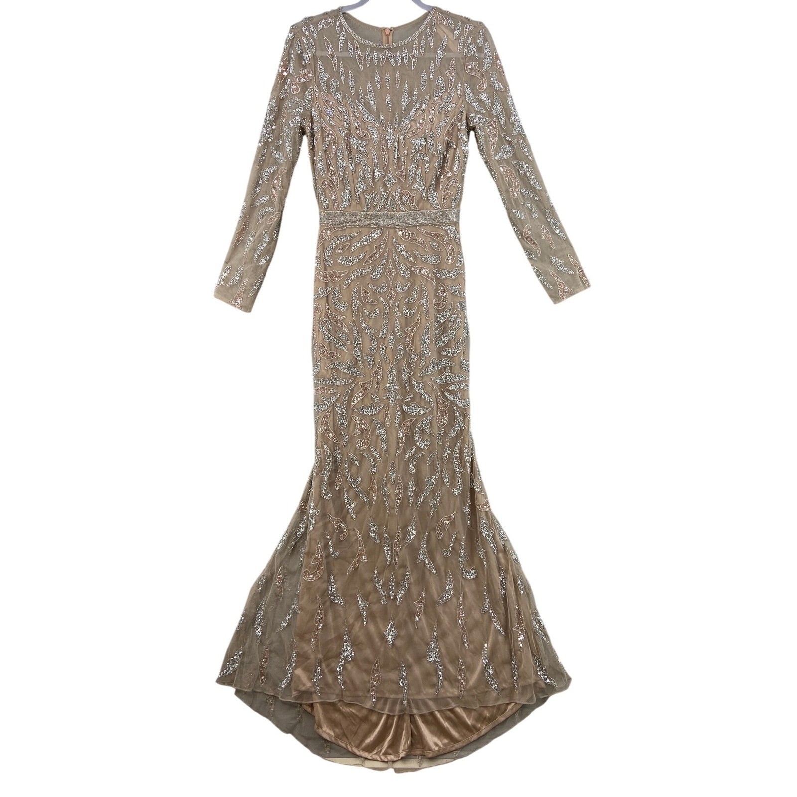Mac Duggal Mermaid Gown Women 6 Mocha Sequin Beaded Long Sleeve Formal Dress