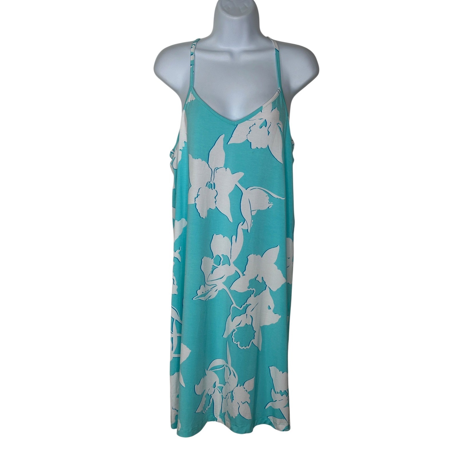 Tori Richard Slip Dress M Turquoise White Floral Orchid T-Back Made in Hawaii