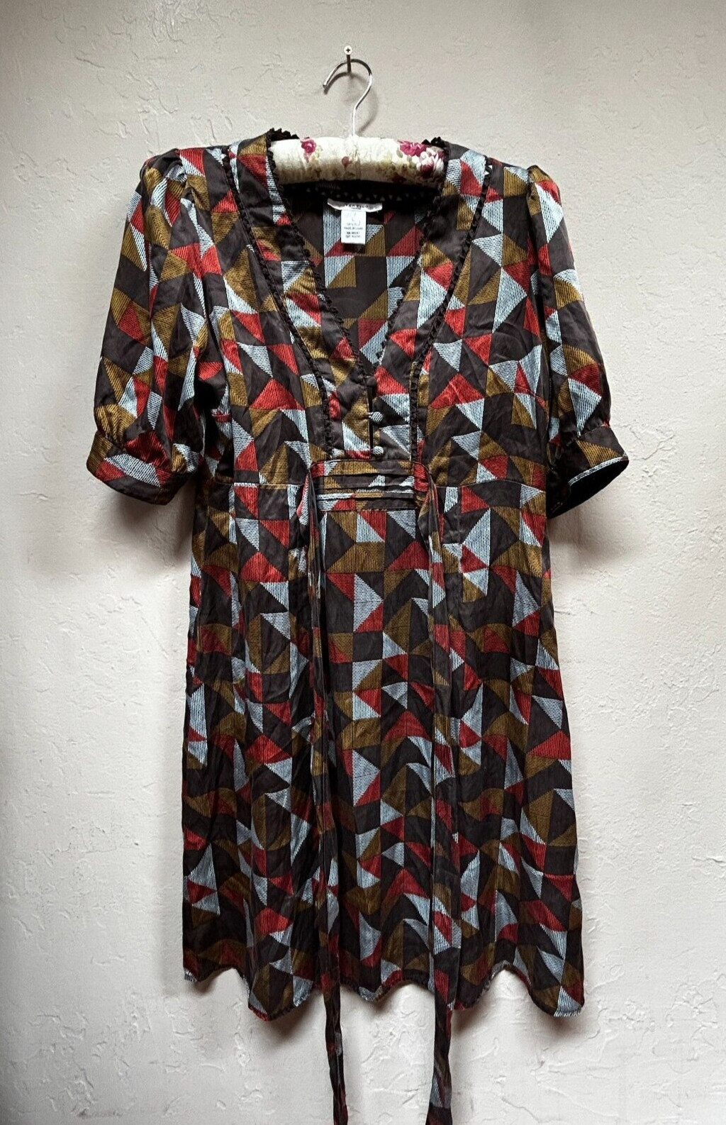Vertigo Paris Womens Geometric Print Short Sleeve Silk Shirt Dress Large Casual