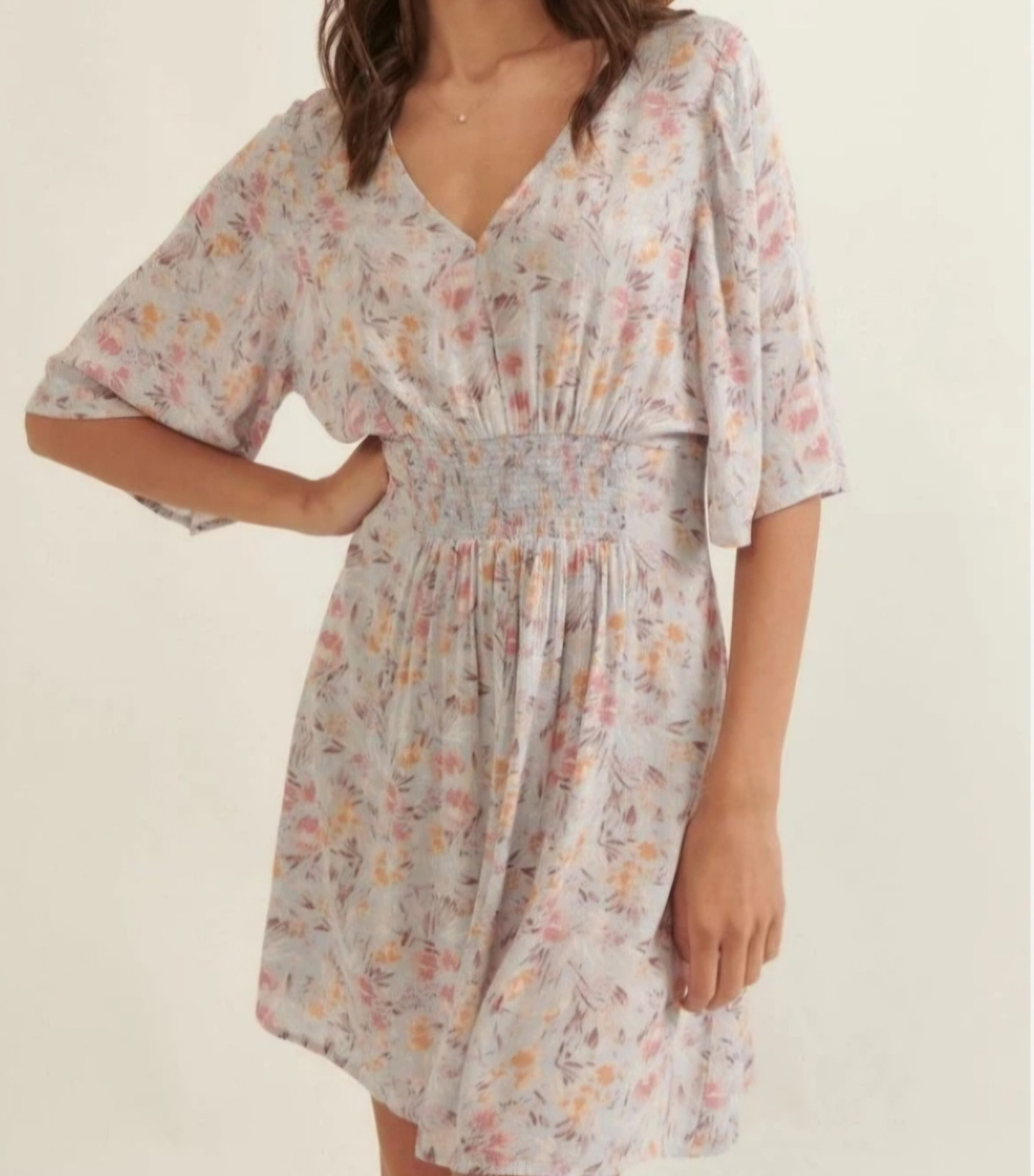 Promesa Mini Dress Women Floral V-Neck Ruched Waist Powder Blue Medium M Rayon