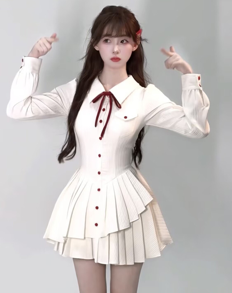 New Preppy School Girls Ruffle A-Line Shirt Dress Sweet Japanese Pleated Skirts