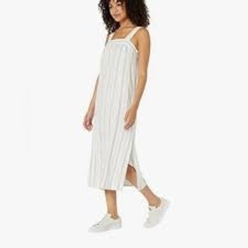 Madewell Striped Linen Blend Button Strap Midi Dress White Blue Tan Large