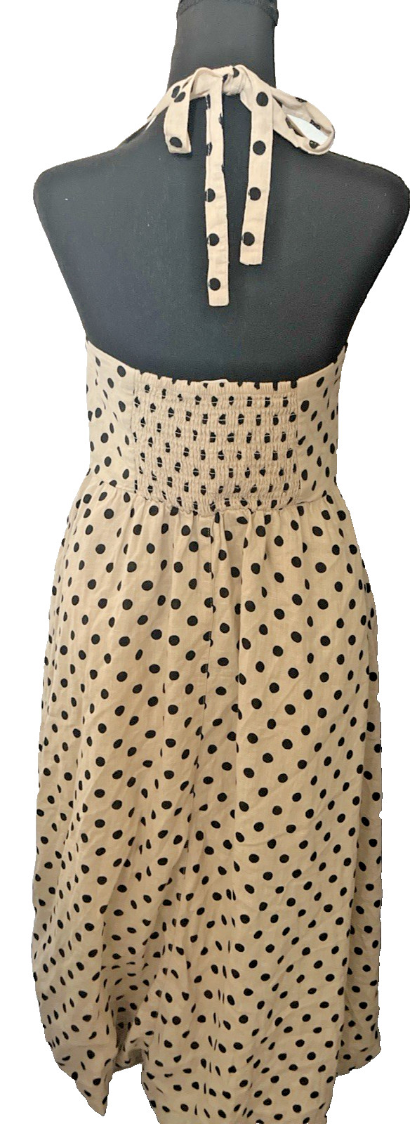 NEXT 100% Linen Polka Dot Halter Midi Dress Size 6 Smocked Back Bubble Hem