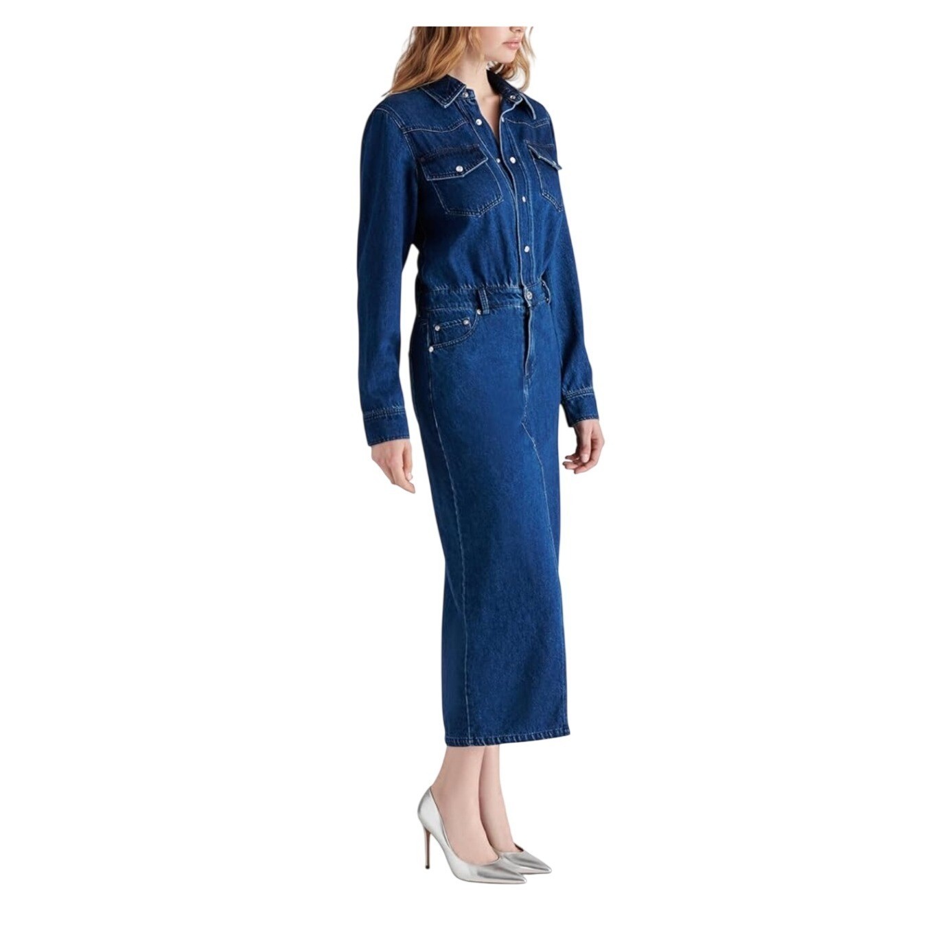 Steve Madden Womens Dakoda Blue Denim Maxi Dress Pearl Snap Front Western Sz 6