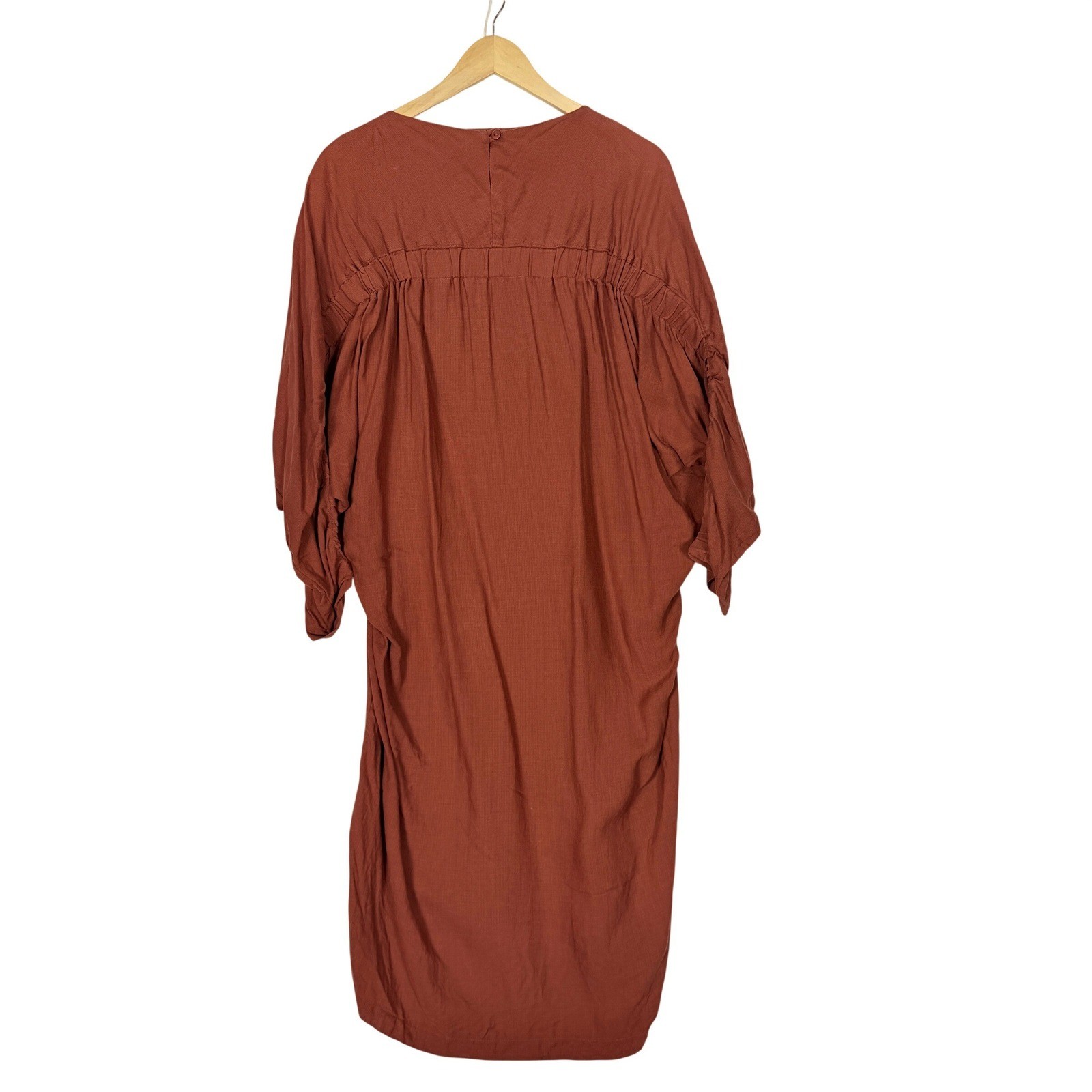 Black Crane Rust Linen Bud Ruched Sleeve Oversized Midi Dress Womens S Lagenlook
