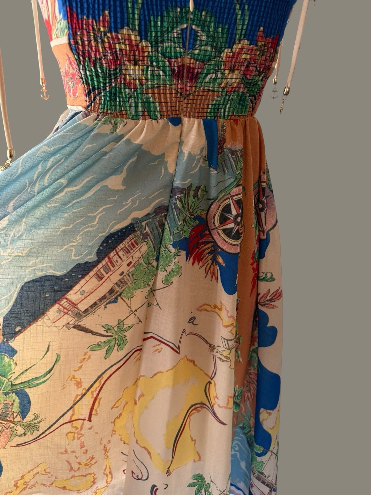 Summer Dress with Nautical Map Print Sz Small Cotton Linen So Pretty