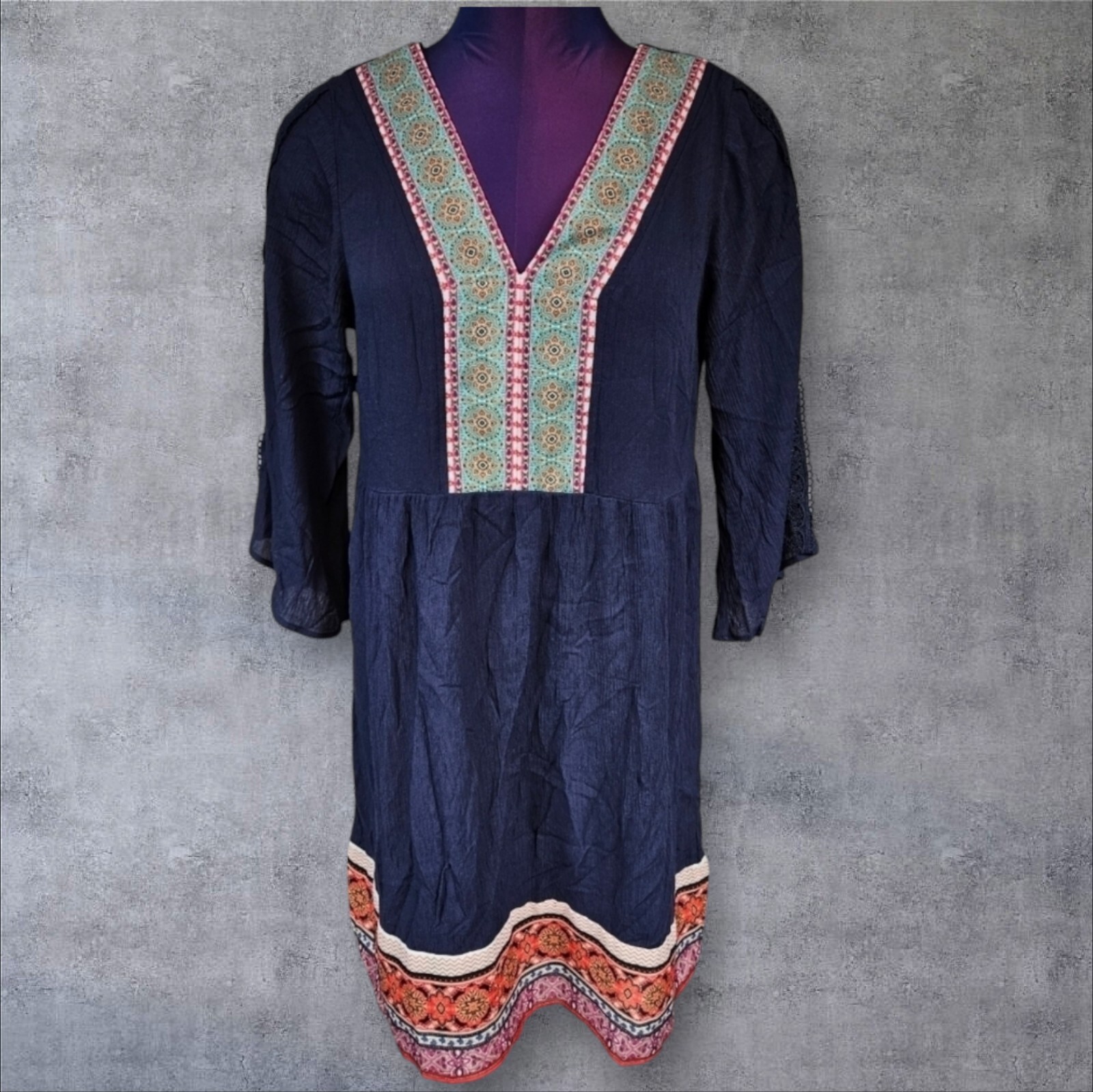NWT White Mark Navy Boho Gabrielle Embroidered Dress Size Small Women’s G90