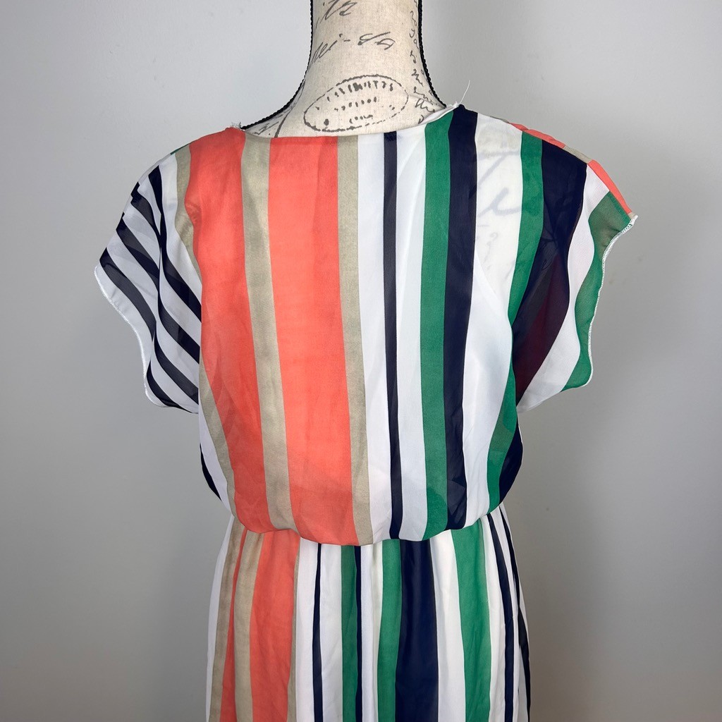 Espresso Colorblock Striped Chiffon Dress Womens Medium Green Orange Navy White