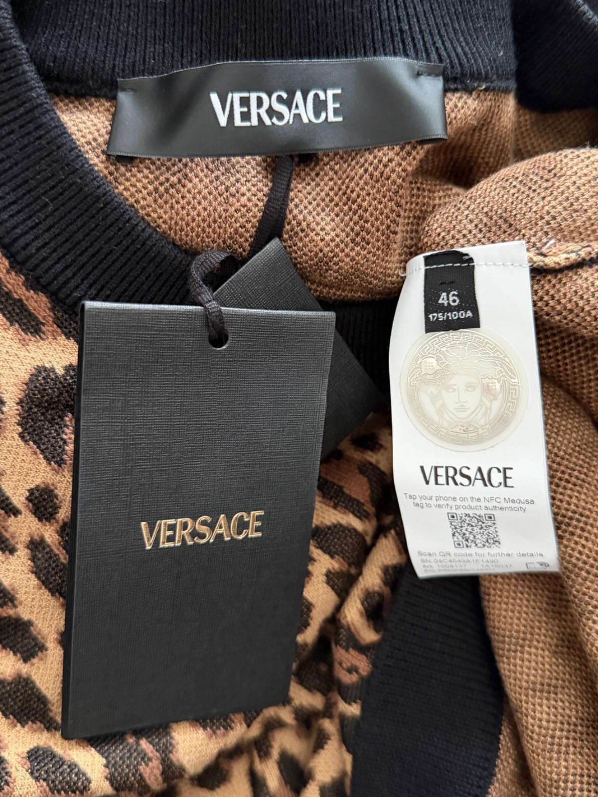 NWT Versace Medusa Logo Button Leopard Intarsia Print Knit Dress 46 US 10 $2950