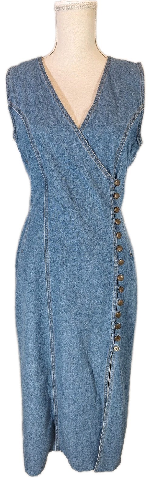 VTG SWITCH USA Sz7 90’s V-neck Side Button-Up Blue Denim Lace-Up Back Midi Dress