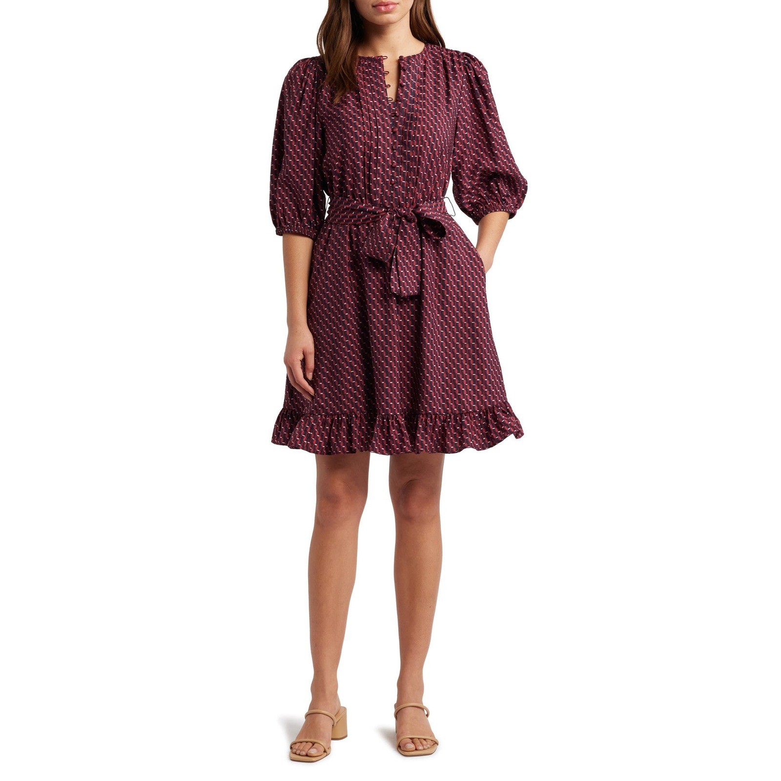 Caslon Pintuck Dress XS Tie Waist Burgundy Geometric Puff Sleeve Ruffle Hem