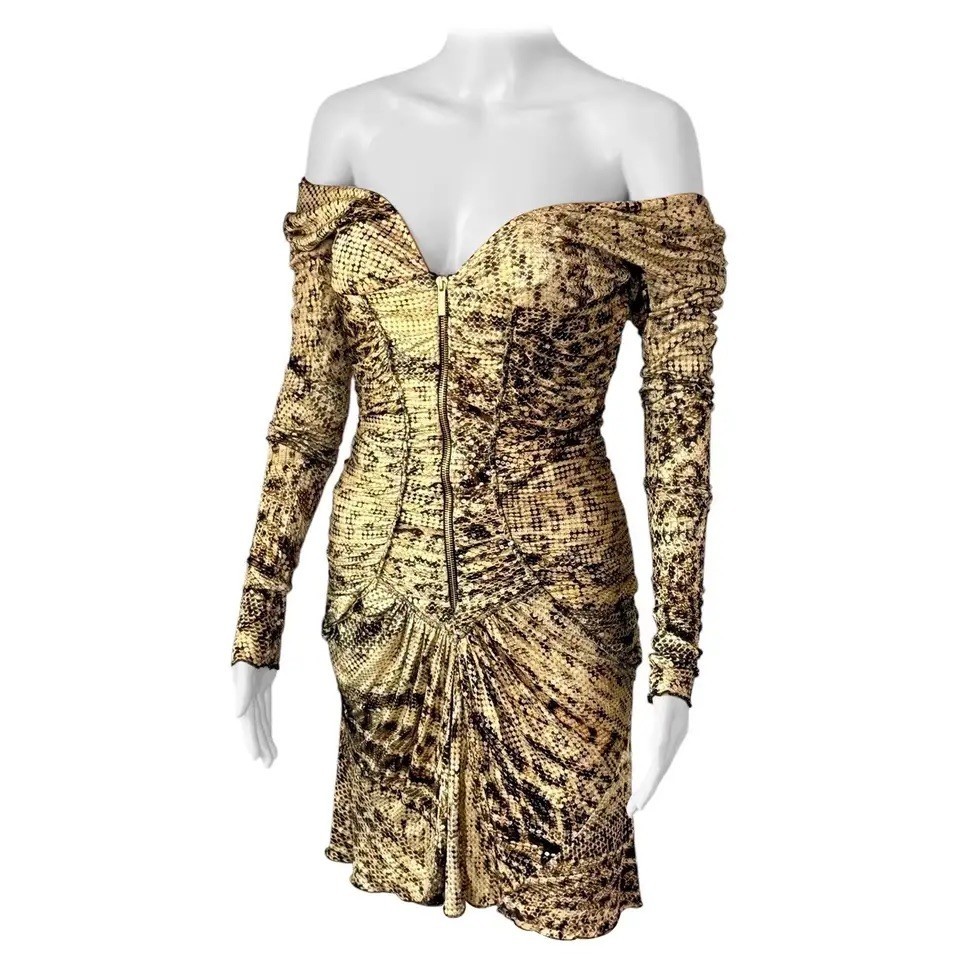 Roberto Cavalli F/W 2003 Runway Plunging Bustier Ruched Zipper Metallic Dress