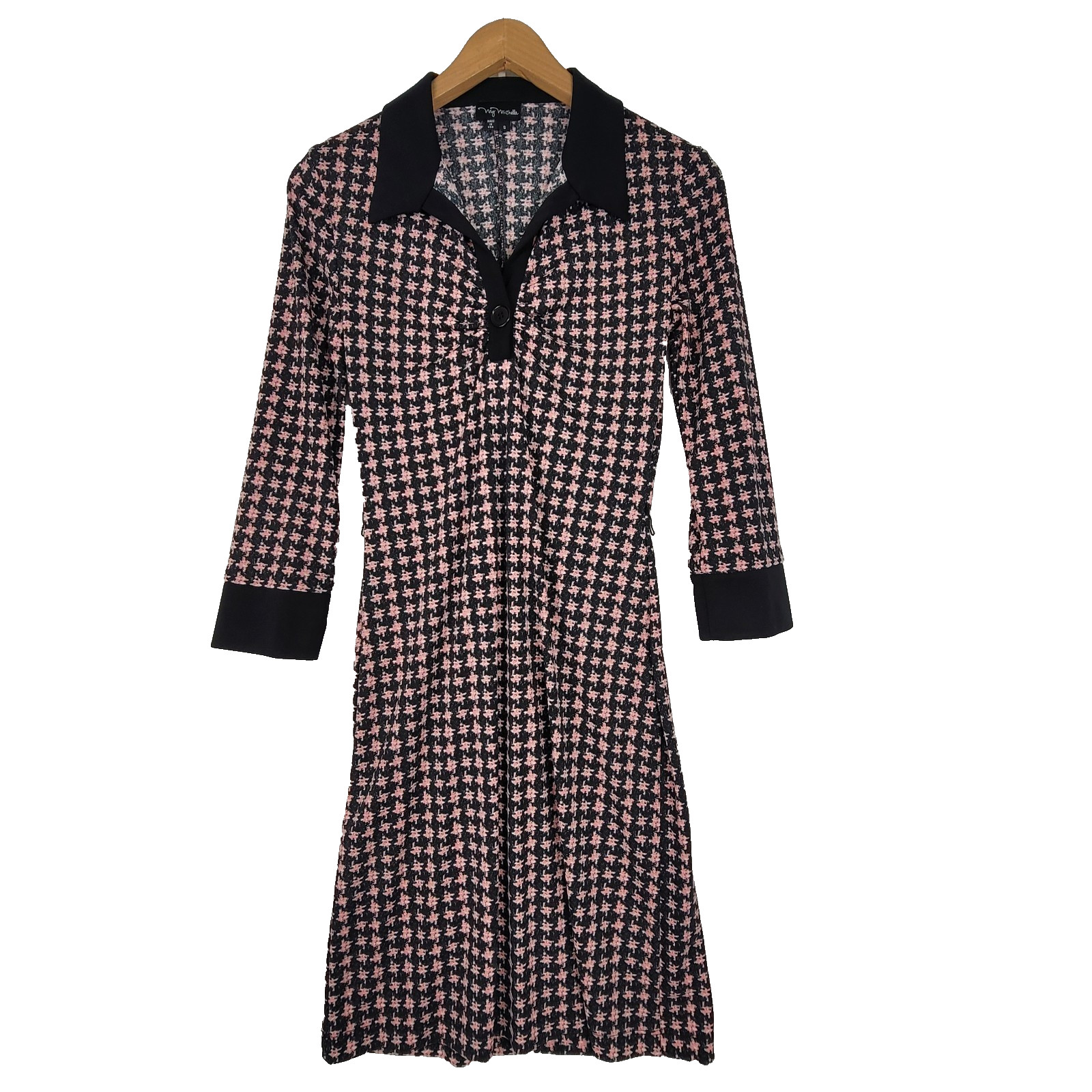 My Michelle Vintage Pink Black Knit Herringbone Midi Shirt Dress USA Size Small