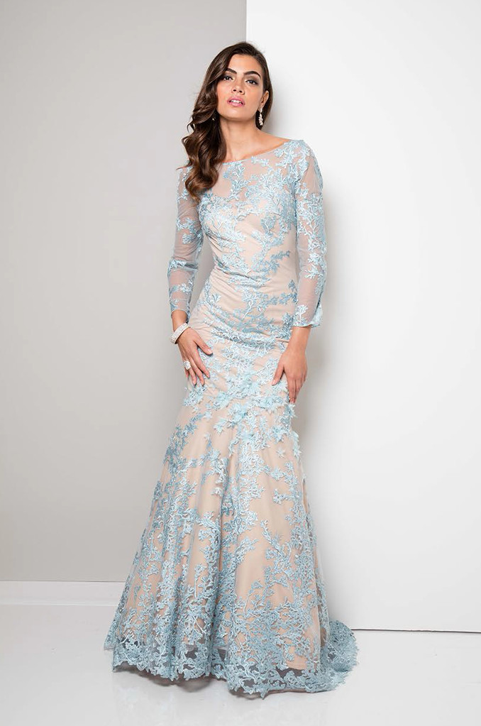TERANI COUTURE Blue Nude Beaded Lace Long Sleeve Mermaid Gown 16 = XL 1711GL3530