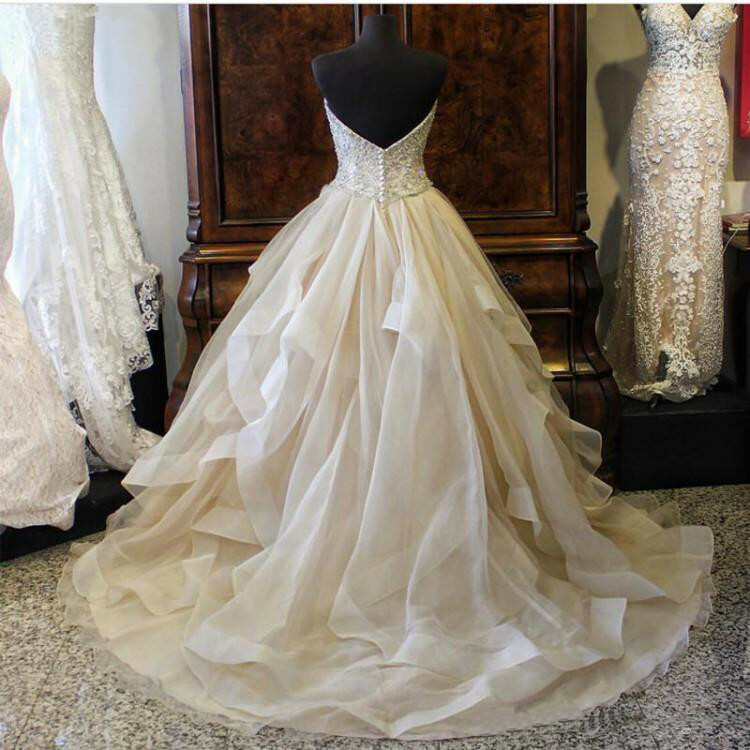 Organza Wedding Dresses Beaded Strapless Ruffles Sweep Train A Line Bridal Gowns