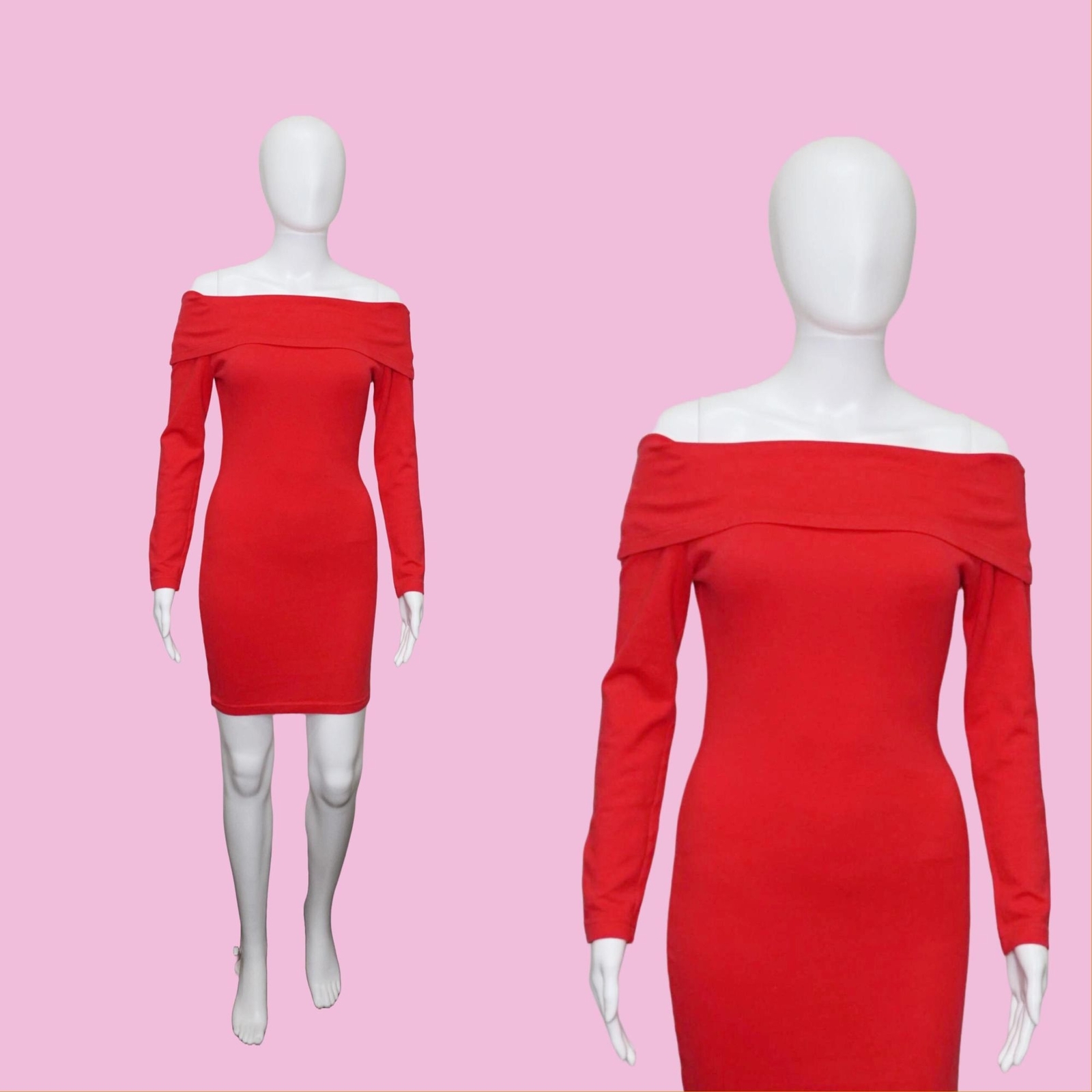 1980s-1990s. YES CLOTHING CO. Off Shoulder. Red Long Sleeve Bodycon Dress. XS-S