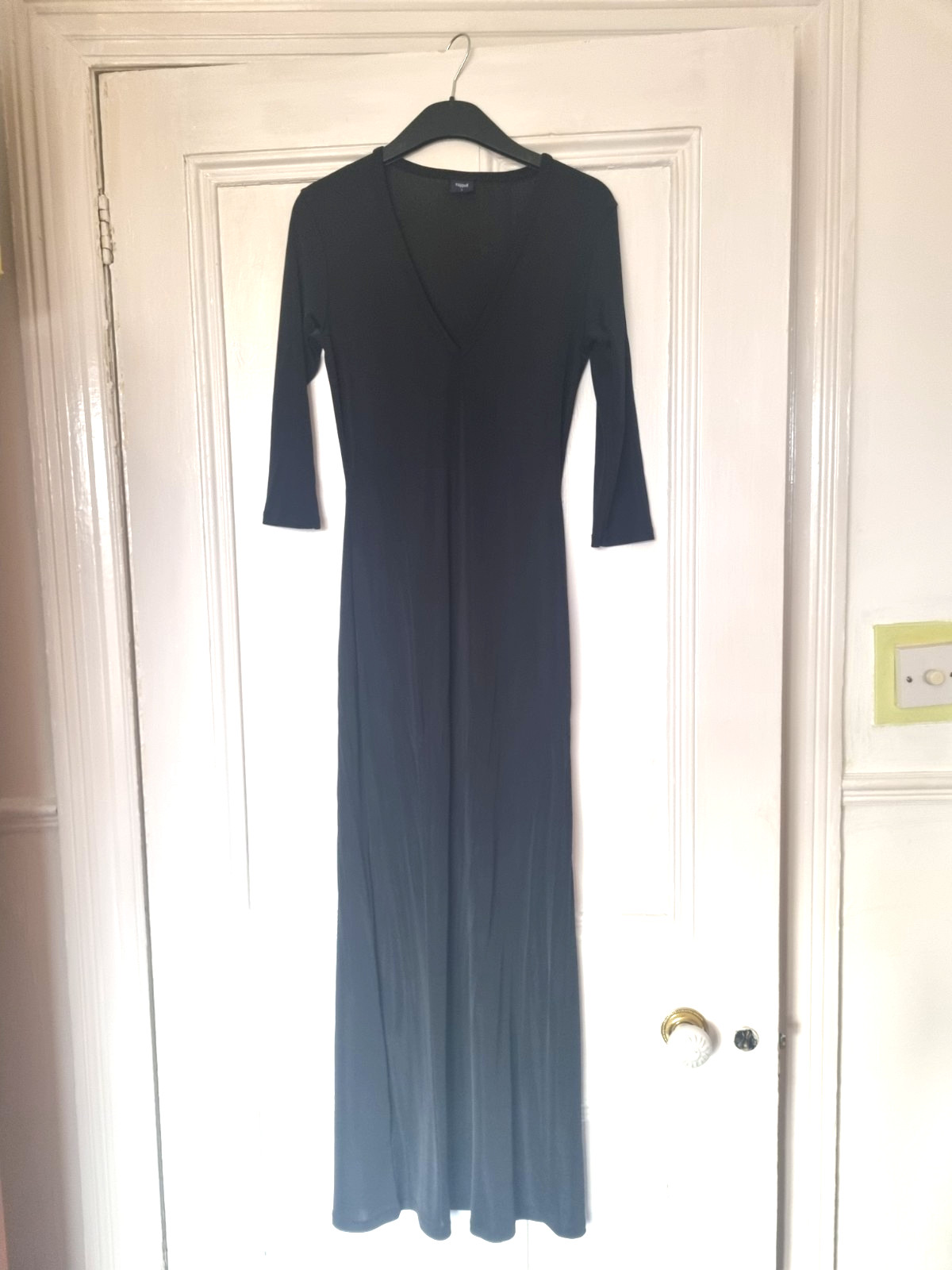 Filippa K Stretchy Black Bodycon V Neck 3/4 Sleeve Maxi Dress In Size S / 8 – 10