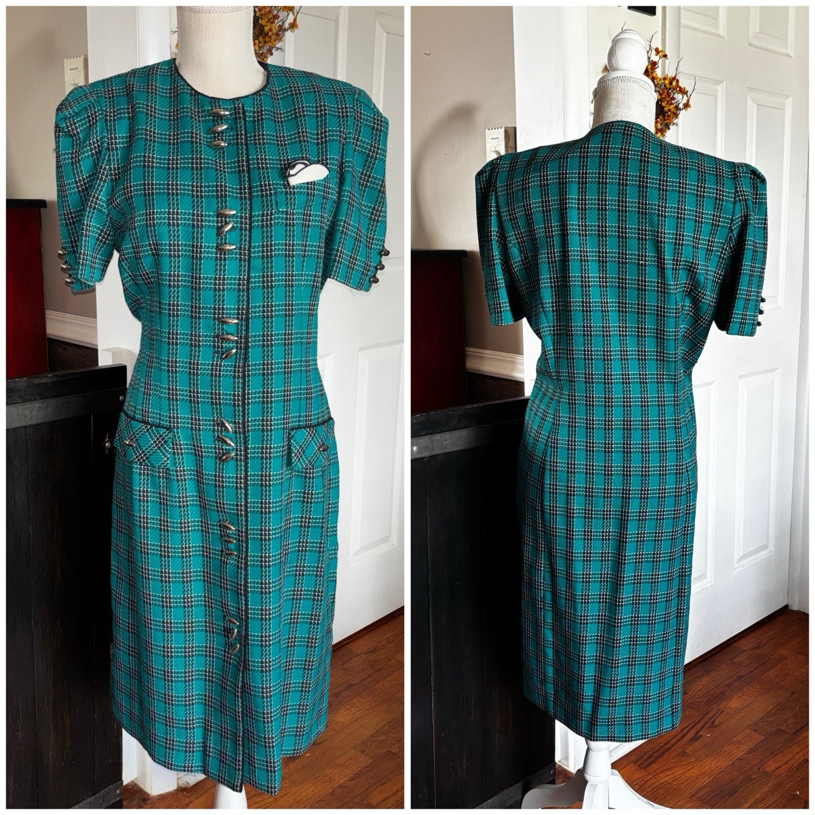 Vtg 80s Leslie Fay Dress Sz 10P Teal Plaid Black Trim Silver Buttons Midi Career
