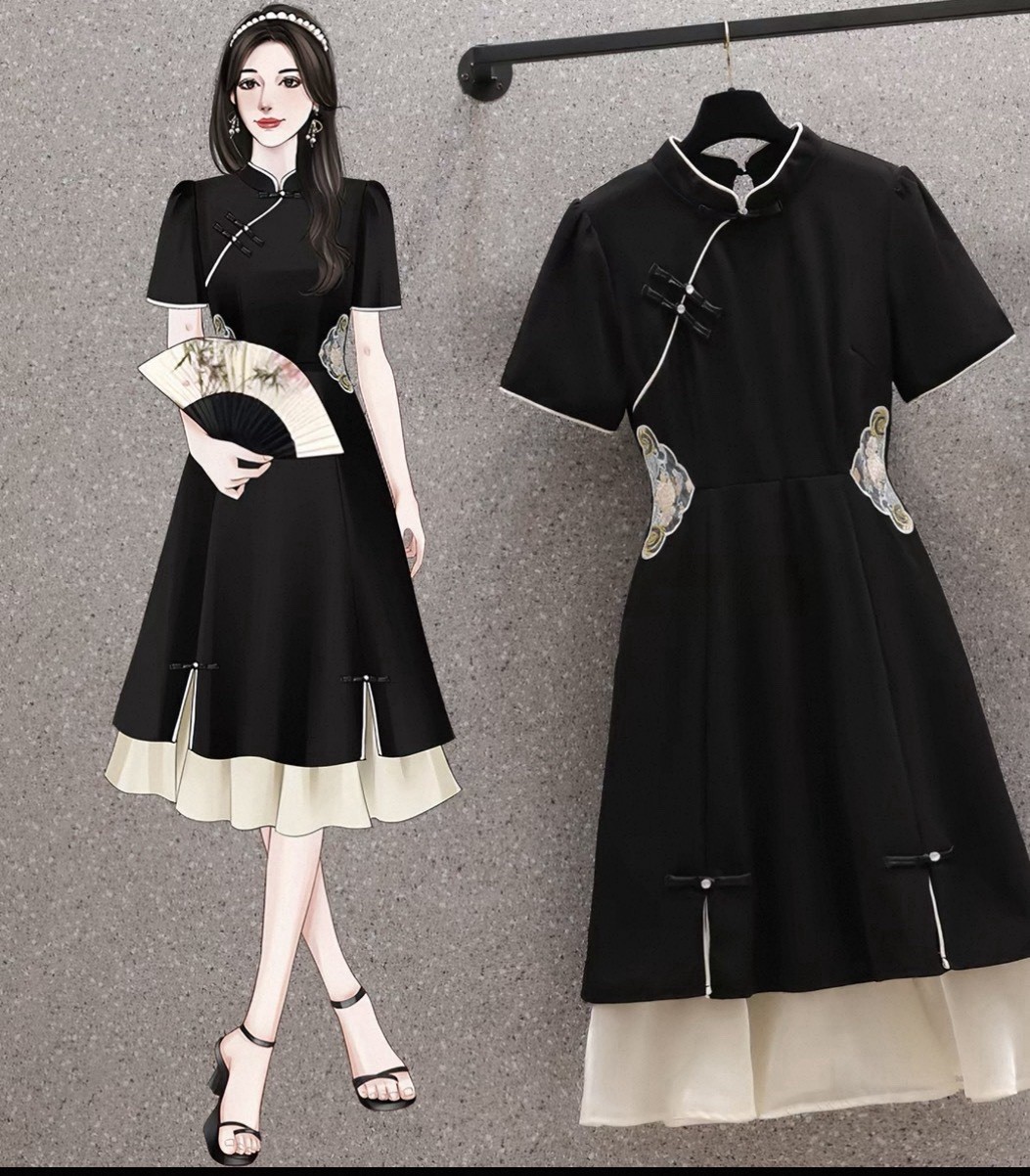 Women’s Chinese Style Cheongsam Dress Black Embroidered Qipao Midi Dress Size XL