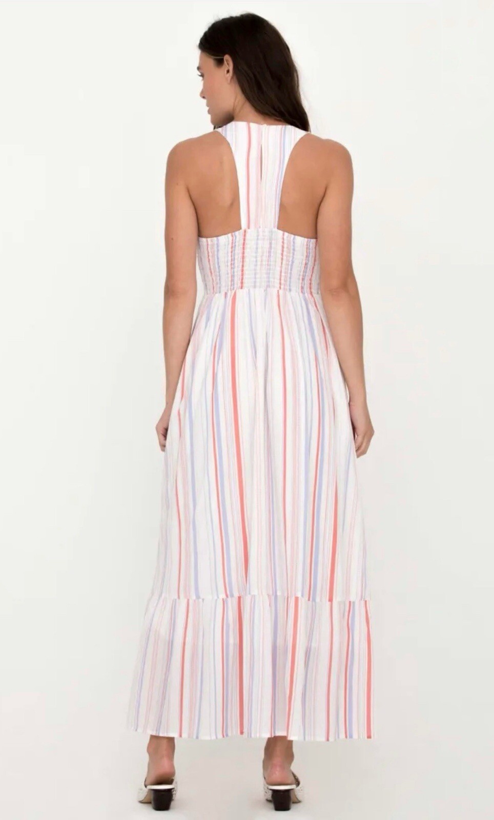 Miss Me White Striped Maxi Sundress S Smocked Racerback Tiered Resort Beach Boho