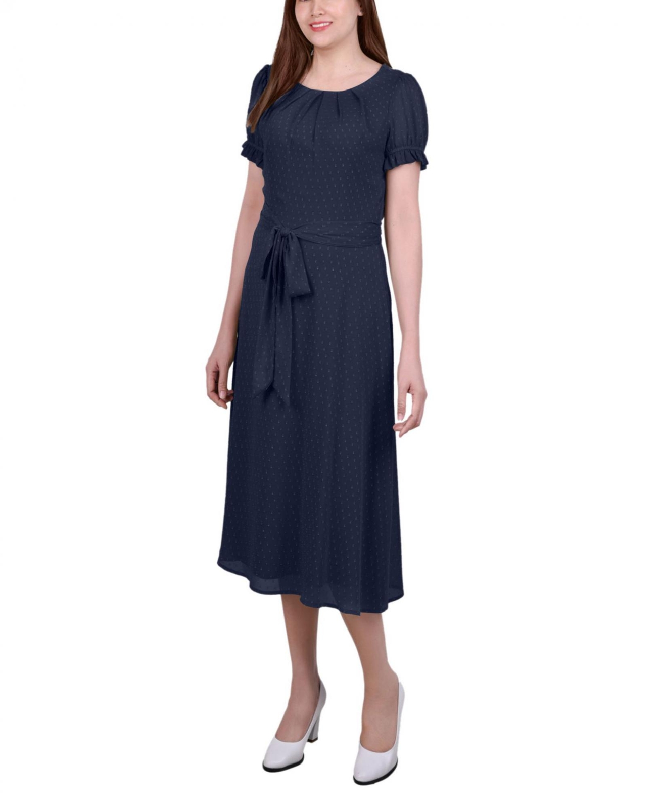 Ny Collection Womens Petite Short Sleeve Belted Swiss Dot Dress PCCD0396D PL PS