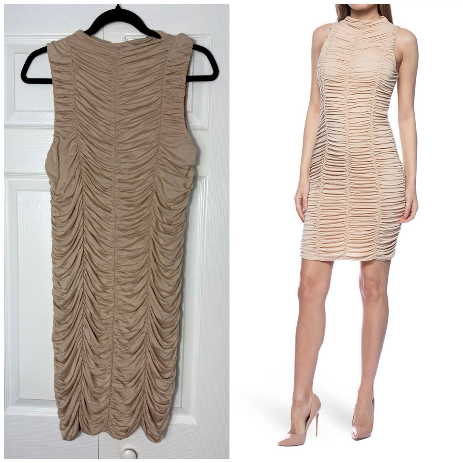 Marina Nude Beige Sleeveless Ruched Smocked Stretch Bodycon Mini Dress Size XL