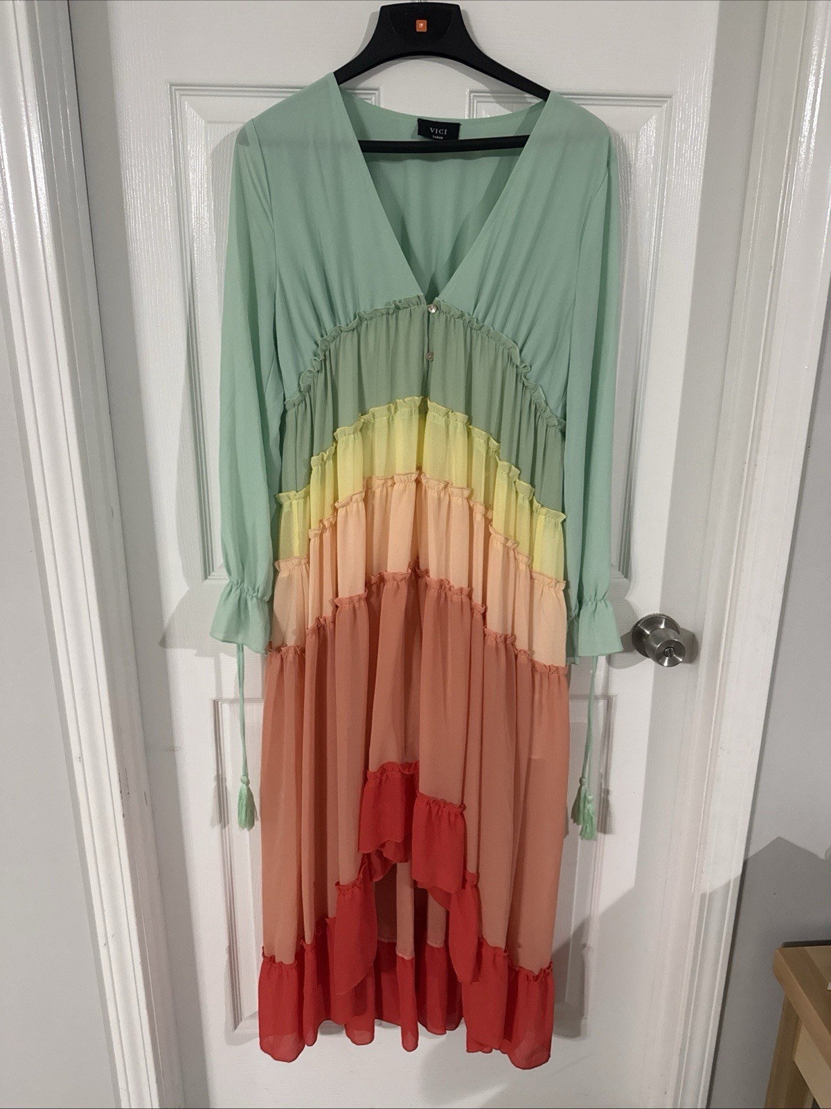 VICI Collection Wavelength Rainbow Tiered Ruffle Maxi Dress Size L