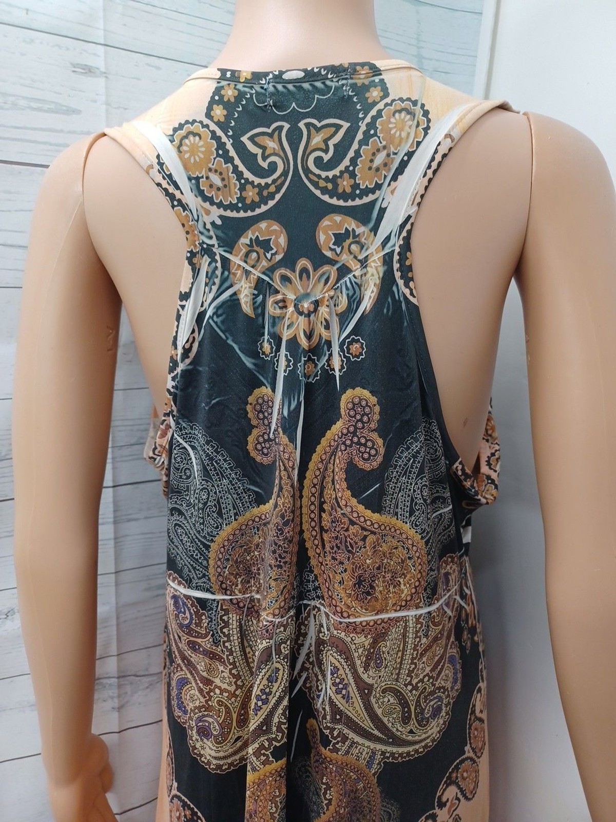 World Unity Boho Dress XL Beaded Print Festival Summer Brown Beige