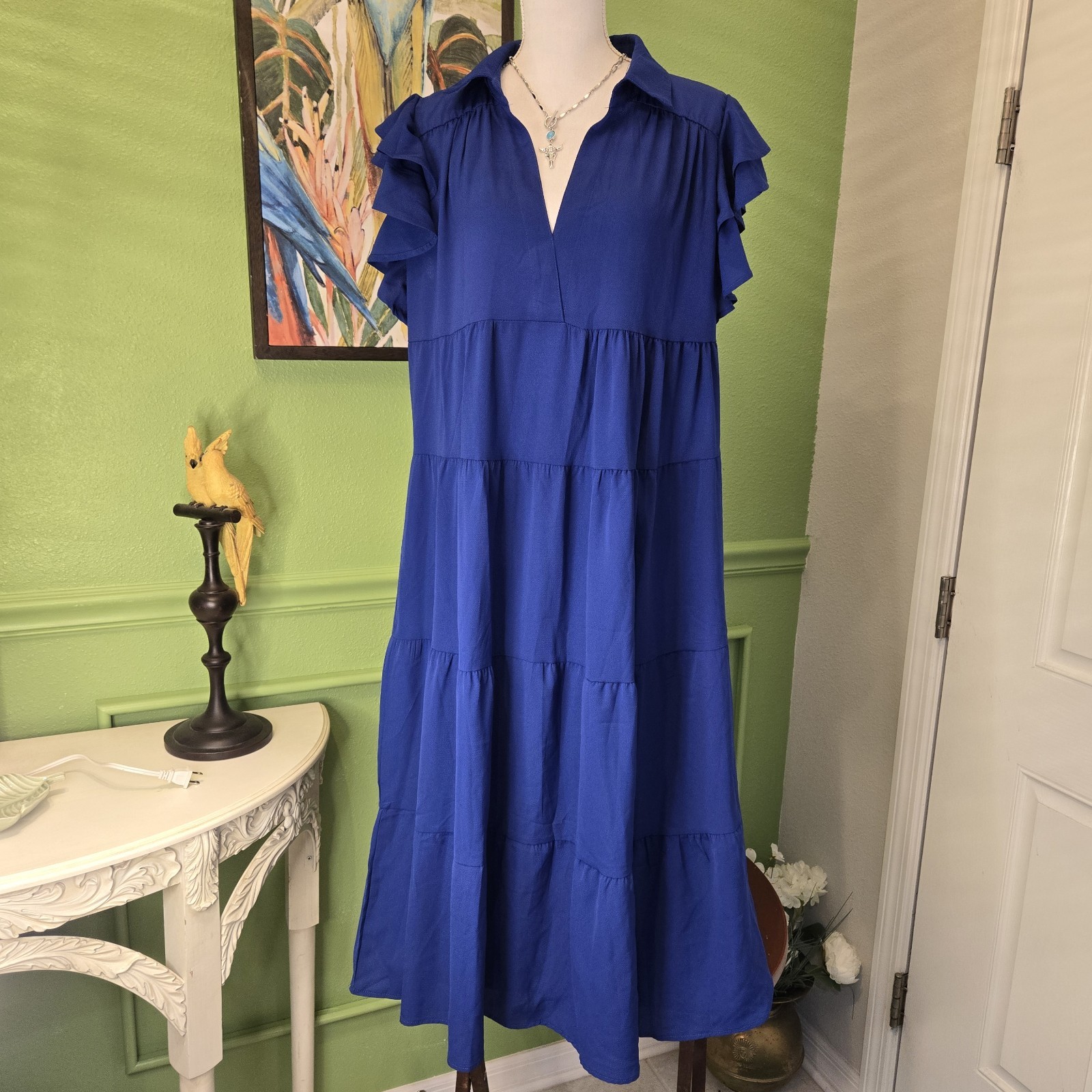 NWT Umgee TIERED DRESS ankle length FLUTTER SLEEVE Royal Blue 4