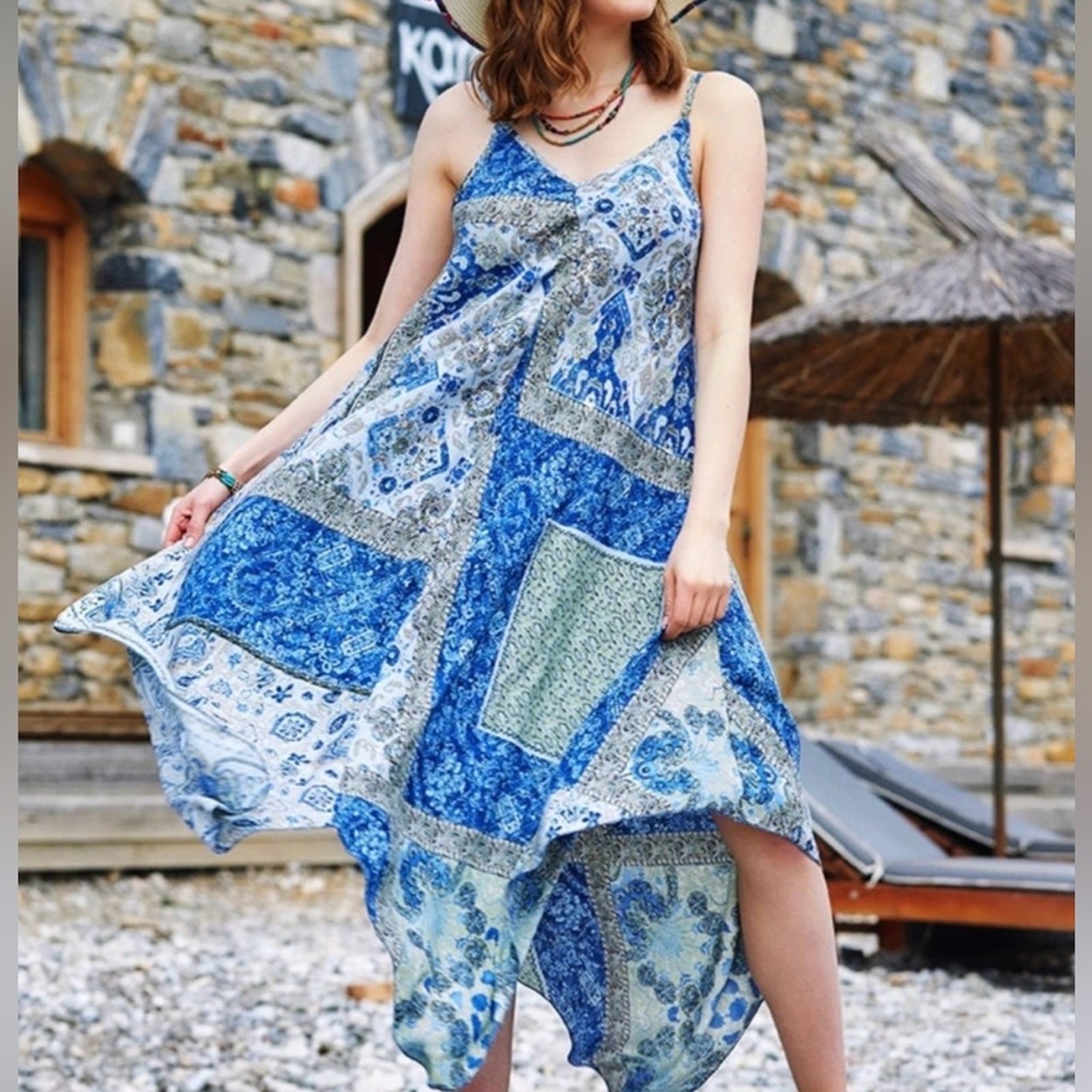 Organic Viscose Boho Patchwork Dress L/XL Flowy High Low Hem Adjustable Straps
