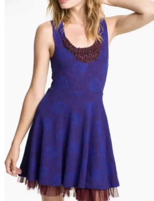 Free People NEW Dress Sz M Beaded Sleeveless Tulle A-Line Midnight Glimmer