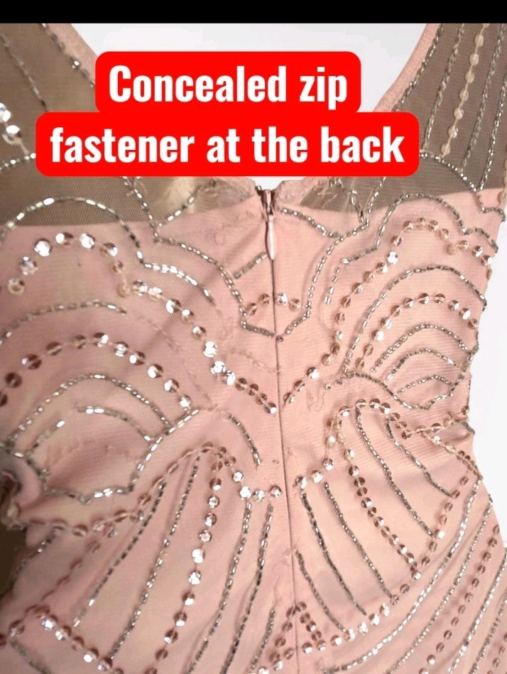 Monsoon Elizabeth Maxi floor length dress Dusky Pink Size 12 Sequin beads 20s