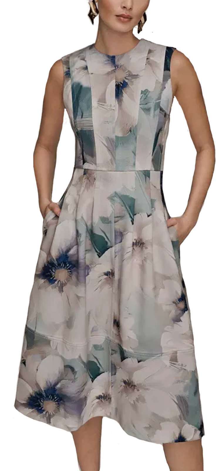 NWT Gorgeous Donna Karan NY Sleeveless Watercolor Midi Dress, Laurel, 8, $169