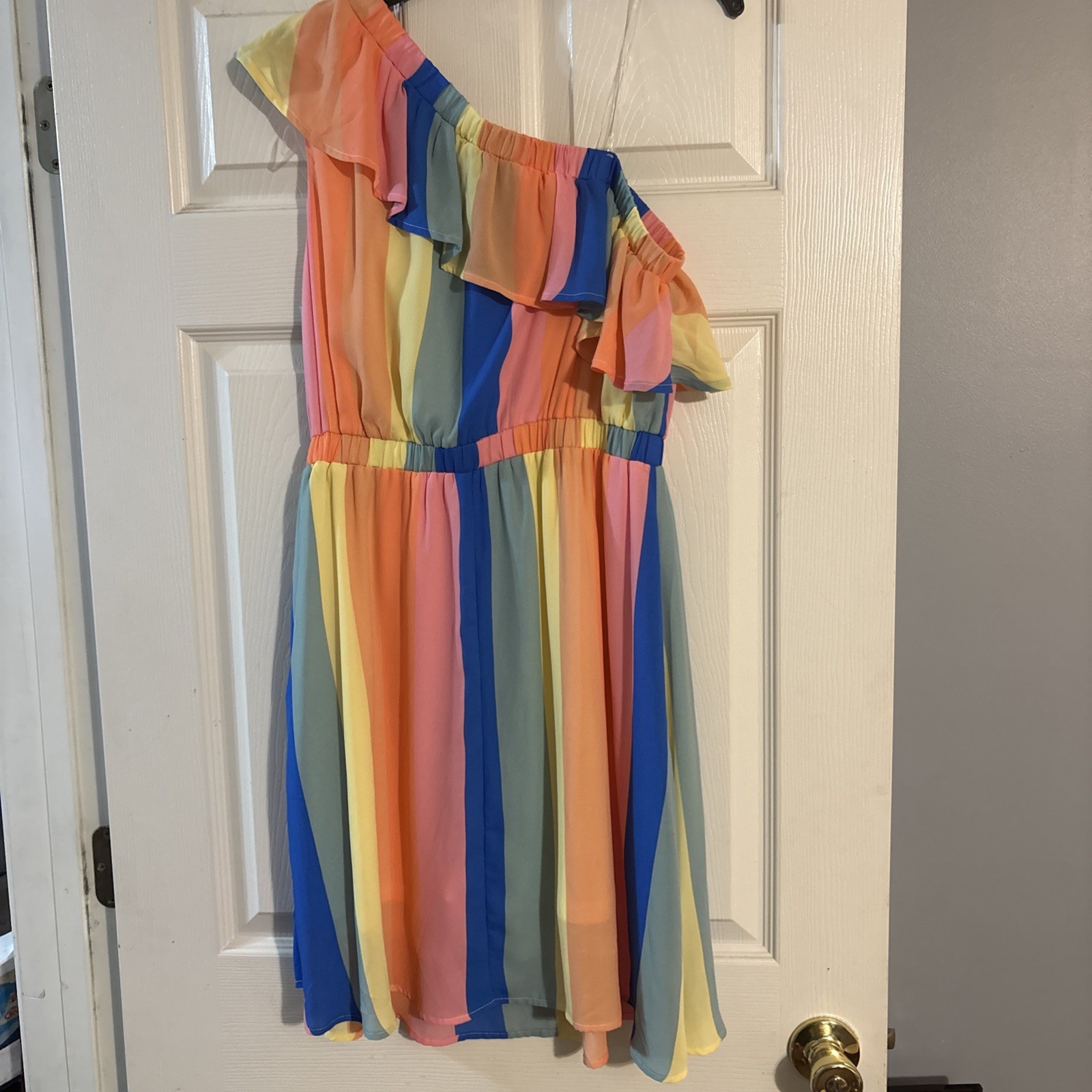 Emily Wonder/Andree Rainbow Colorful Ruffled One Shoulder Striped Dress Sz M