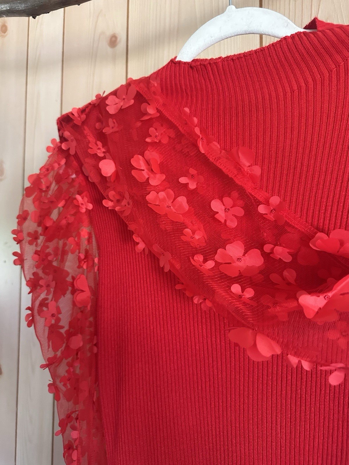 Almost Famous Size L Red Knit Sweater Dress Sheer Floral Sleeves