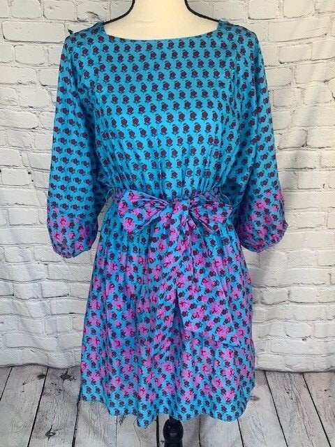 NWT J Crew Dolman Sleeve Mini Dress Blue Pink & Attach Lining 100% Cotton XXS