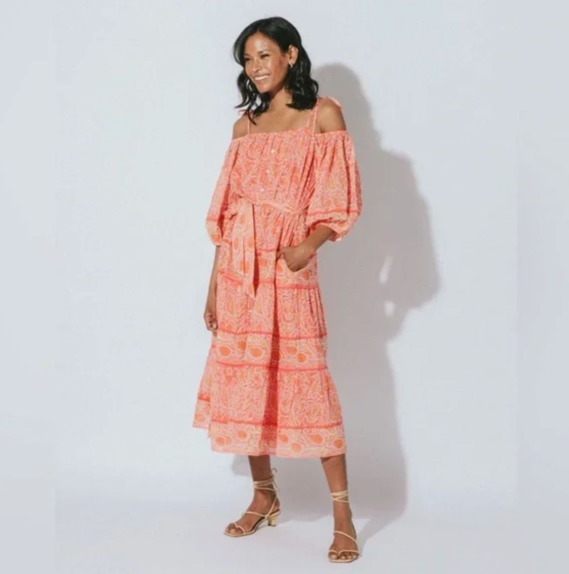 Cleobella Violet Midi Dress Blossom Floral Block Print Orange Peach Pink Medium