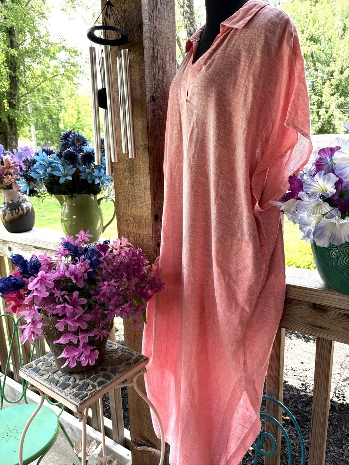 Tahari Peachy Orange Caftan Style Short Wide Sleeve Linen Maxi Dress or Cover
