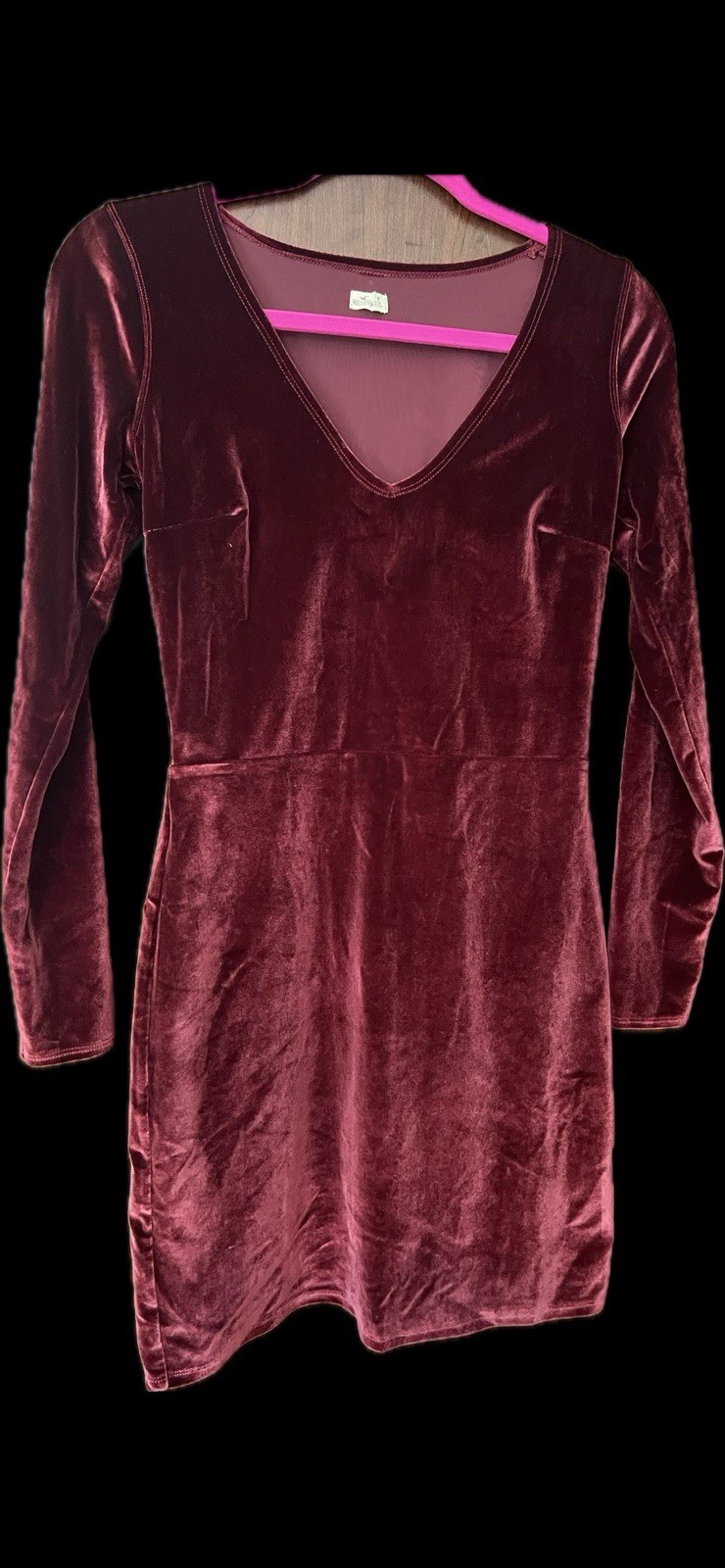 Hollister Women’s Burgundy Velvet V-Neck Long Sleeve Mini Sheer Yoke Dress S/M