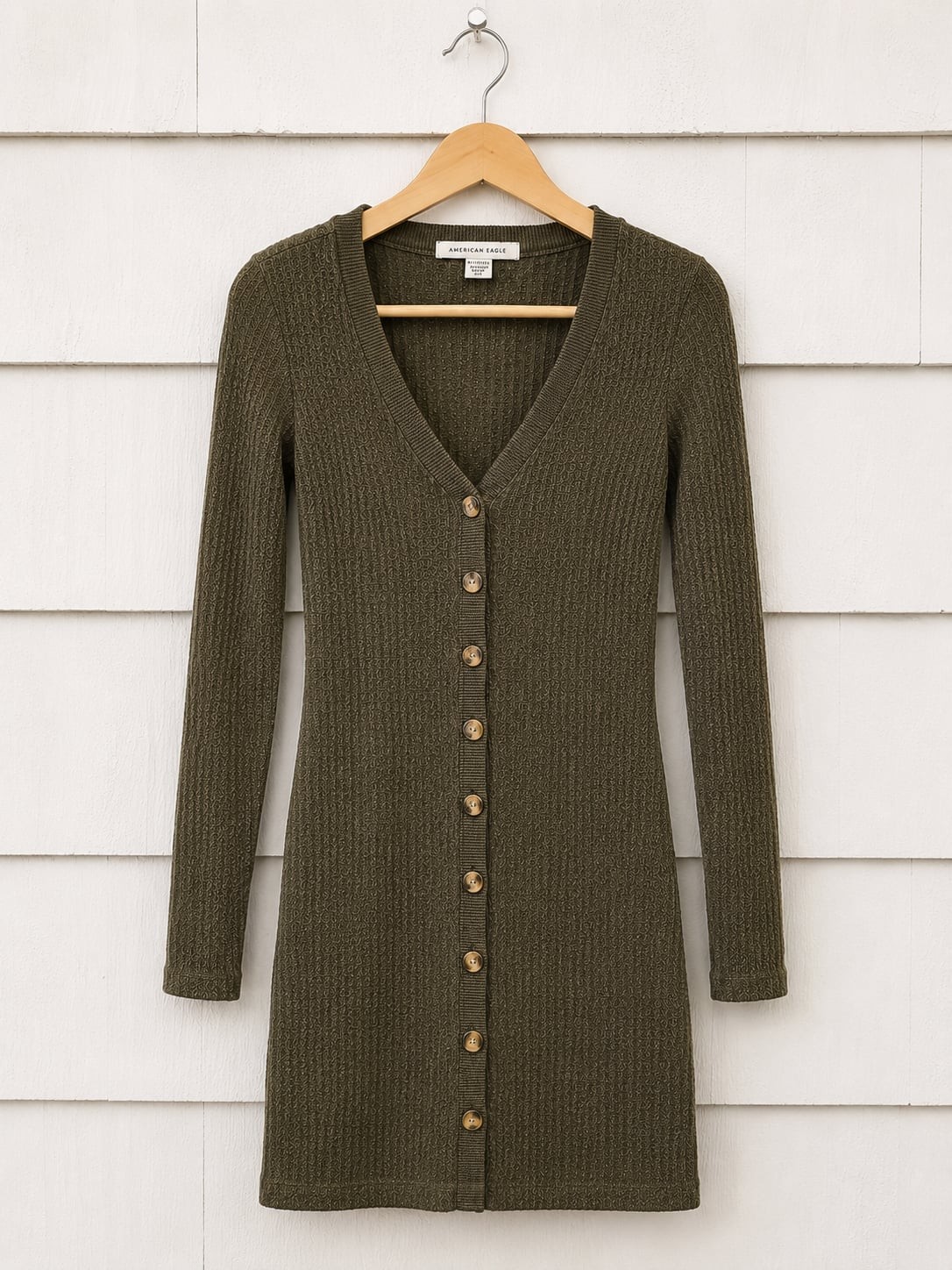American Eagle XS Olive Waffle Knit Button Front Long Sleeve Mini Dress