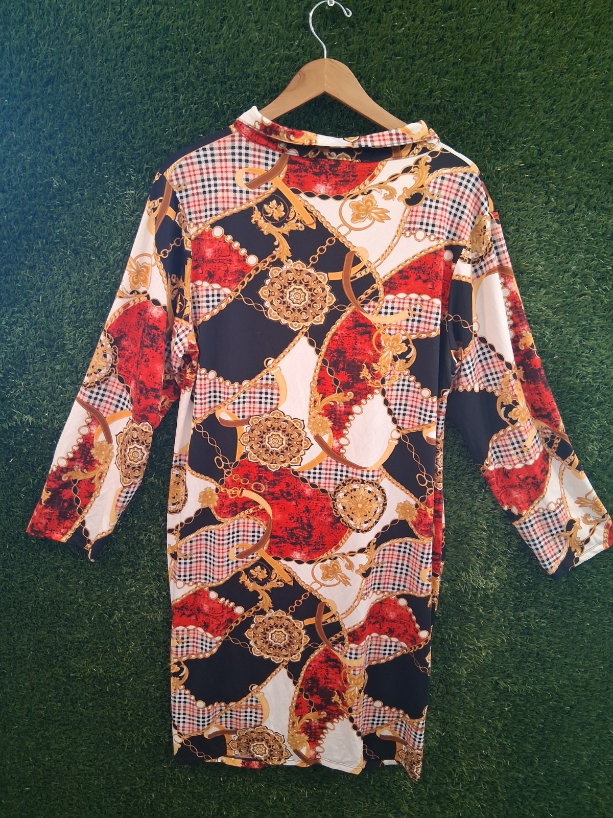 Absolutely Love It Baroque Chain Print Shirt Dress Ruched Plus Size 3X Red Gold