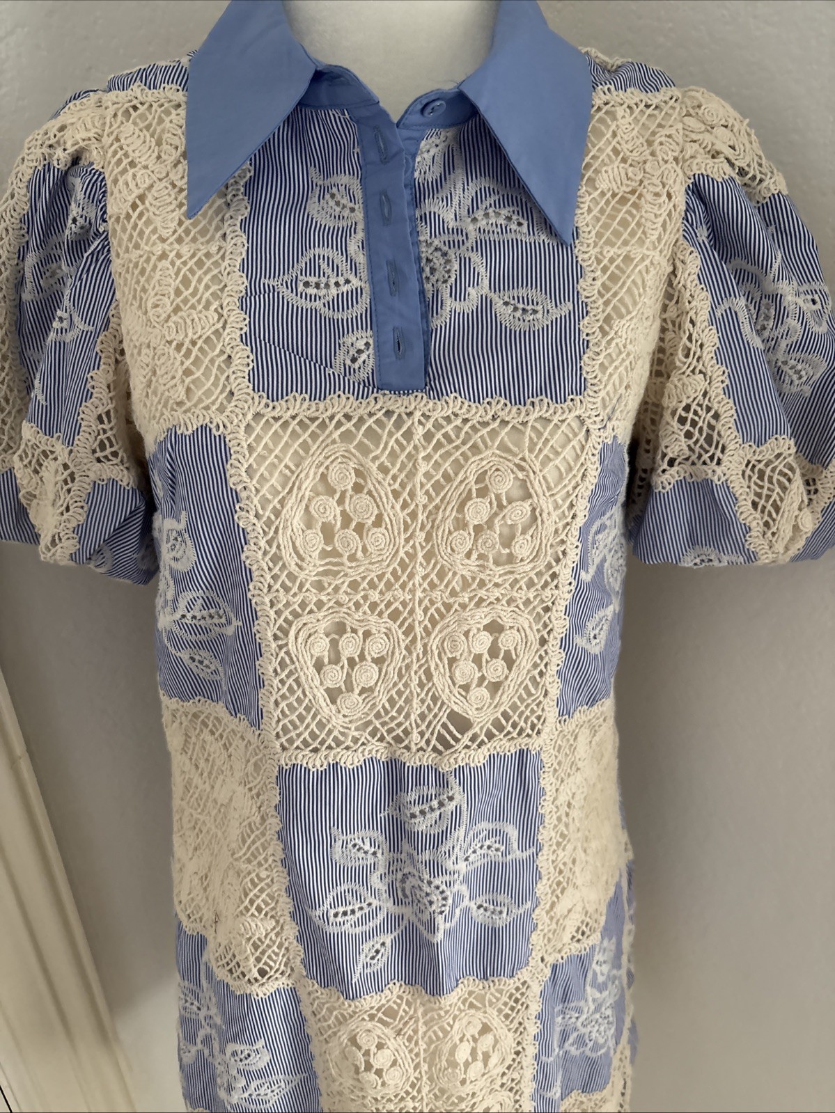 Sofie the label Blue Ivory Crochet Shirt Dress S Collared Puff Sleeve Button