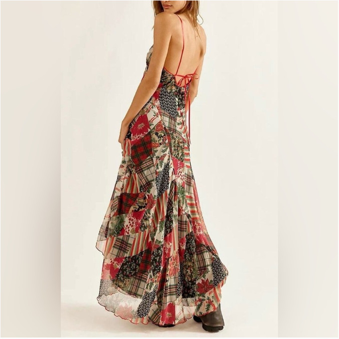 Free People Tis the Season Bohemian Patchwork Floral Slip Maxi Dress Size 6