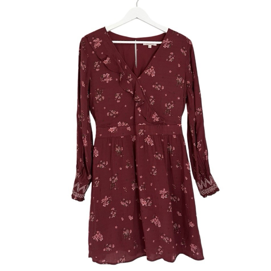 Skies Are Blue V Neck Floral Long Sleeve Dress Red Pink Green Size Small