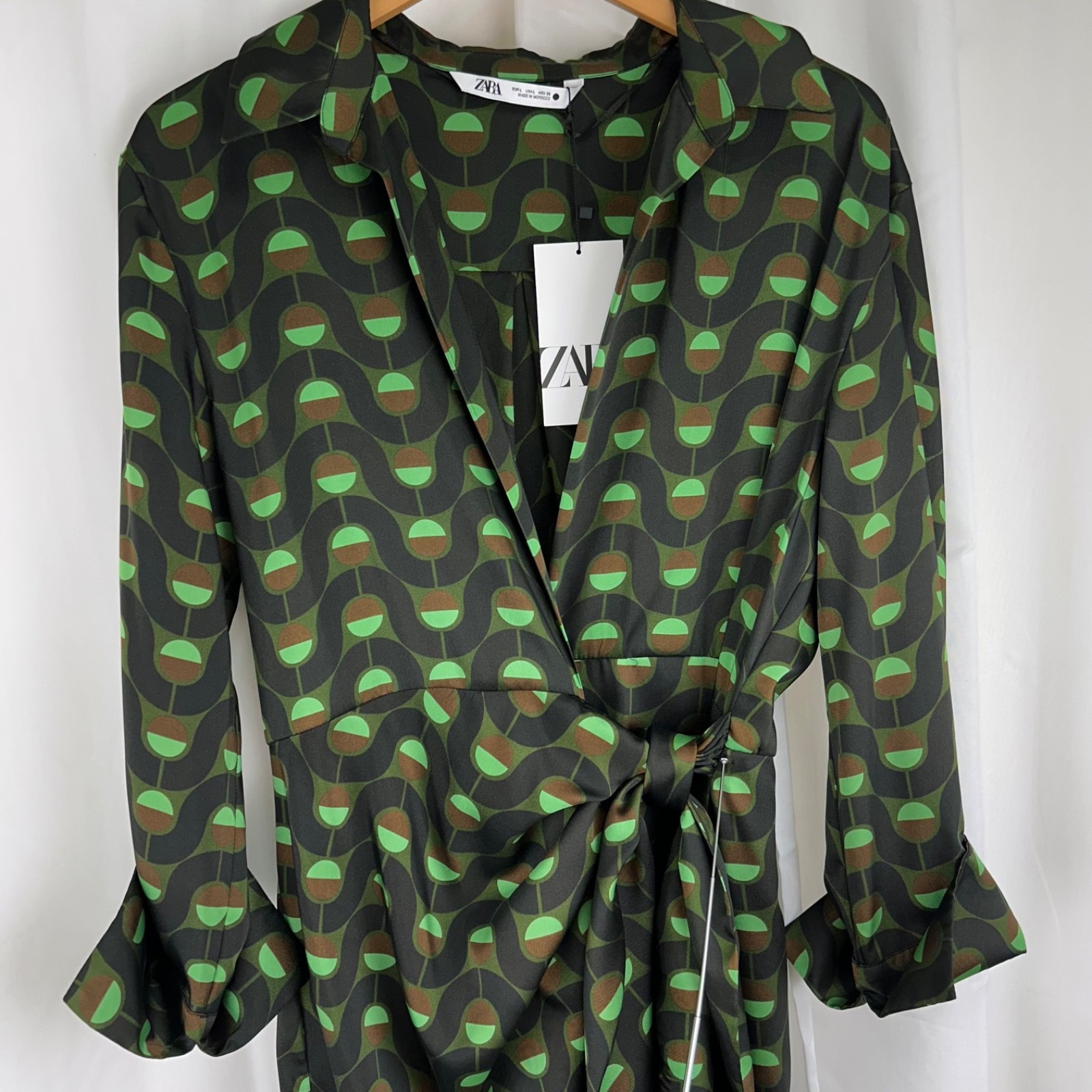 Zara Retro Mod Geometric Print Point Collar Wrap Midi Dress Green/Black/Brown L