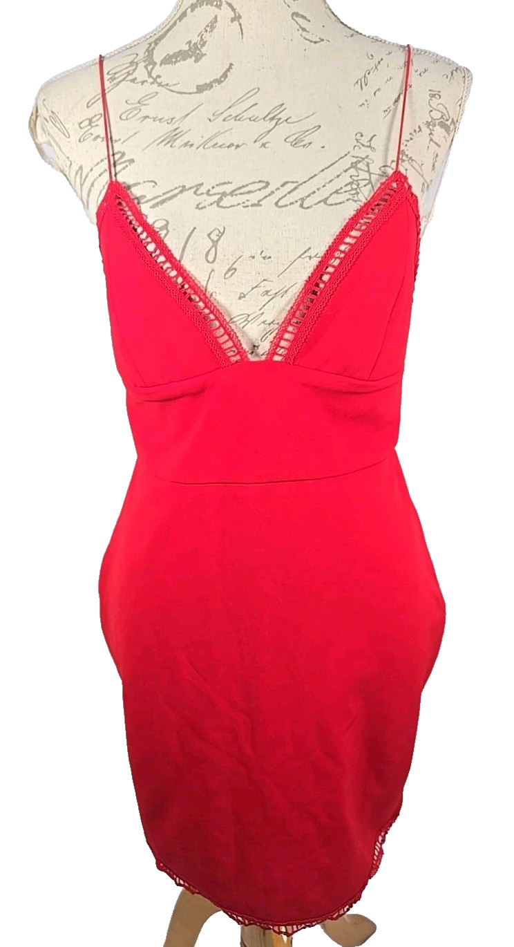 RARE LONDON Mini Dress Red Ladder Trim V-Neck Bodycon Women’s Large / UK 12