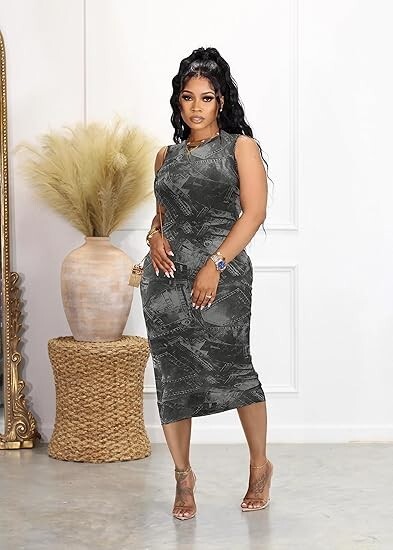 NWT Sheer Mesh Print Bodycon Stretch Sleeveless Dress Large ~ Club Beach